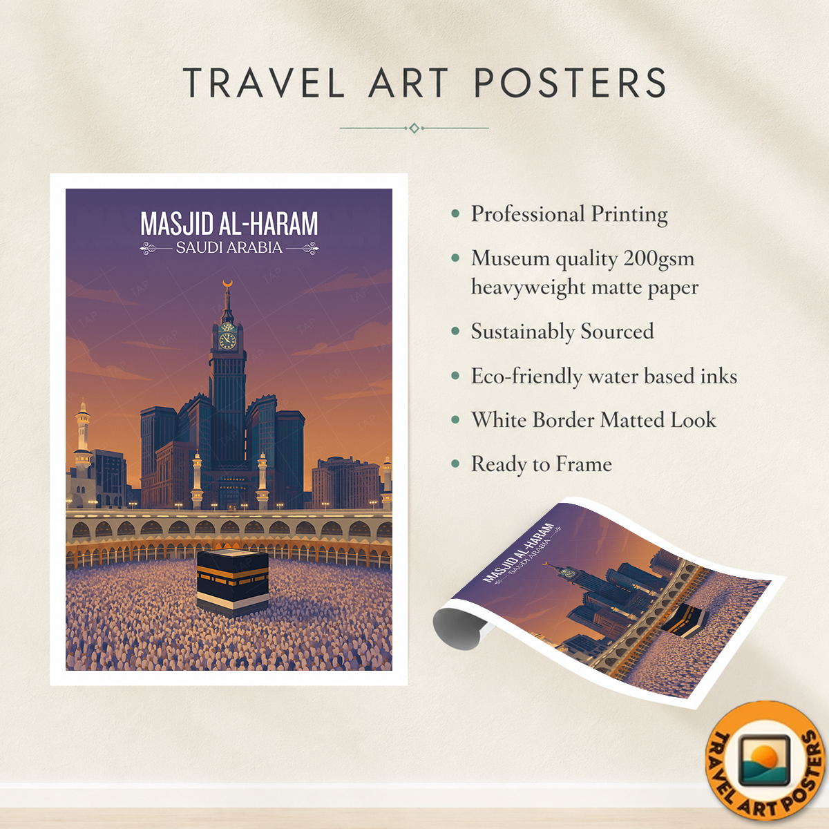 Masjid Al-Haram - Saudi Arabia - Travel Wall Art Deco Poster Print - Art Print - Travel Art Poster