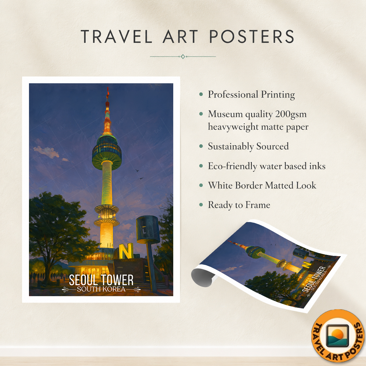 Seol Tower - South Korea - Travel Poster Print Modern Style Wall Art