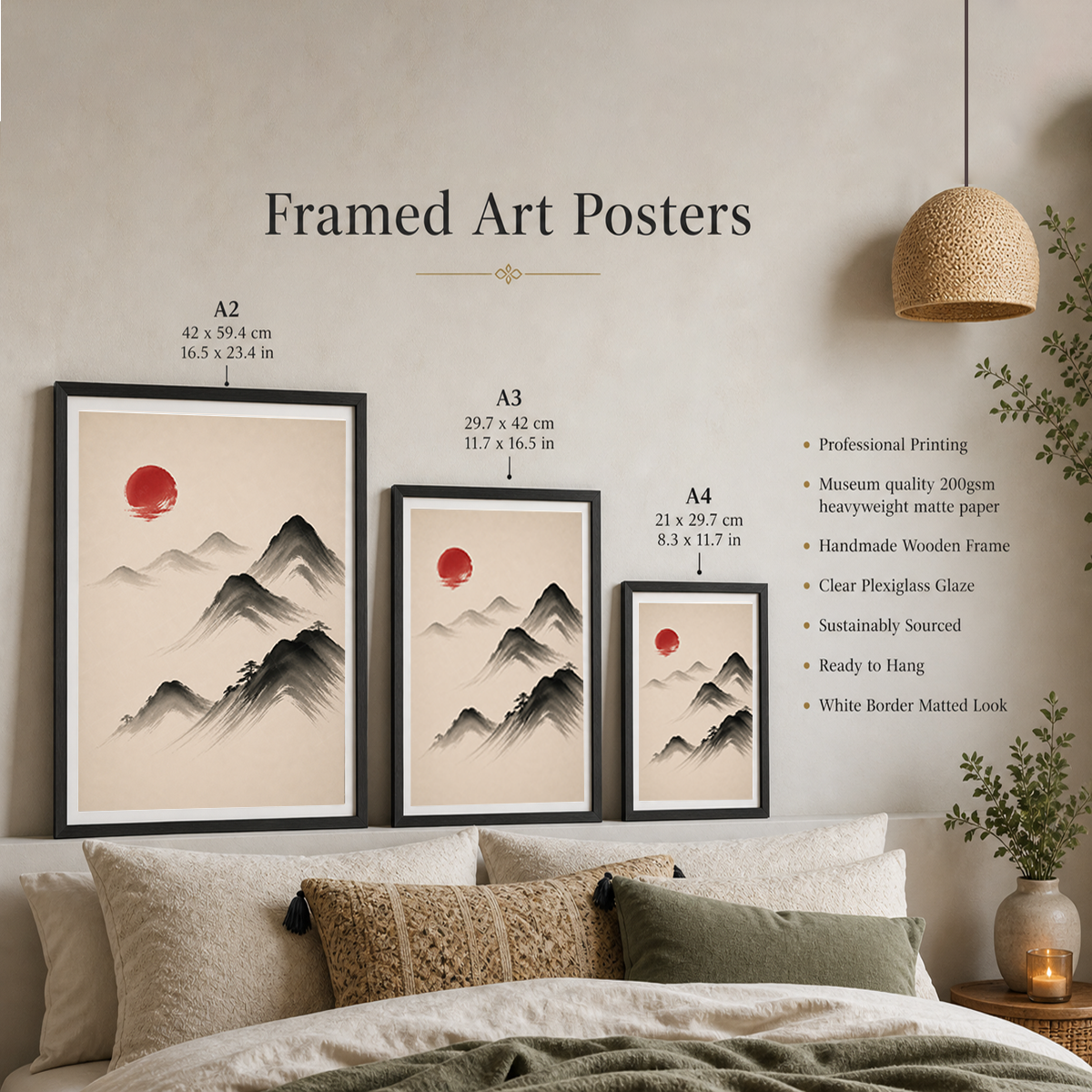 Hanok Sumi-e Red Sun - South Korea - Travel Poster Print Modern Style Wall Art