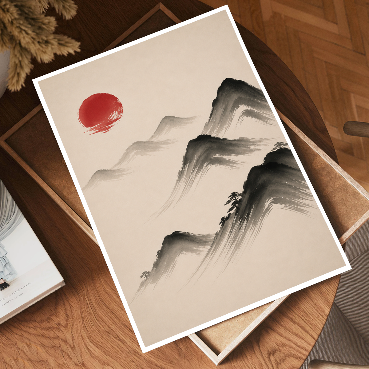 Hanok Sumi-e Red Sun - South Korea - Travel Poster Print Modern Style Wall Art