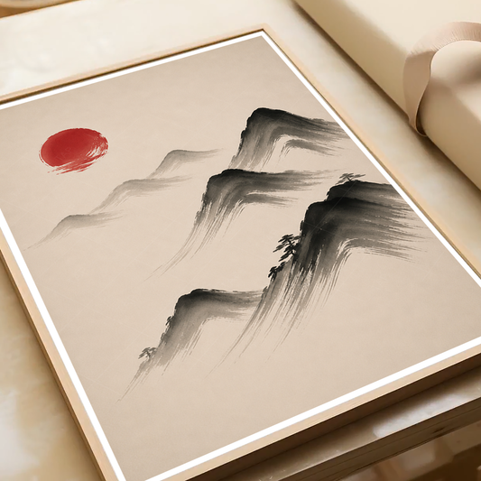 Hanok Sumi-e Red Sun - South Korea - Travel Poster Print Modern Style Wall Art - Art Print - Travel Art Poster