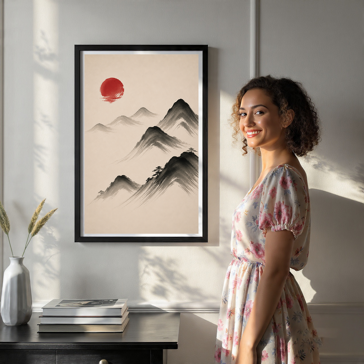 Hanok Sumi-e Red Sun - South Korea - Travel Poster Print Modern Style Wall Art