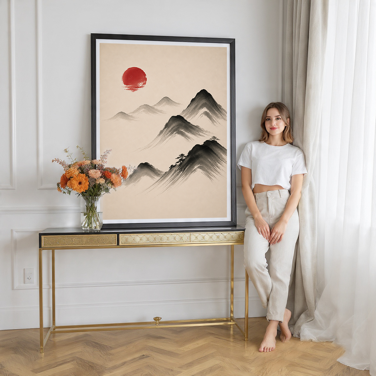 Hanok Sumi-e Red Sun - South Korea - Travel Poster Print Modern Style Wall Art