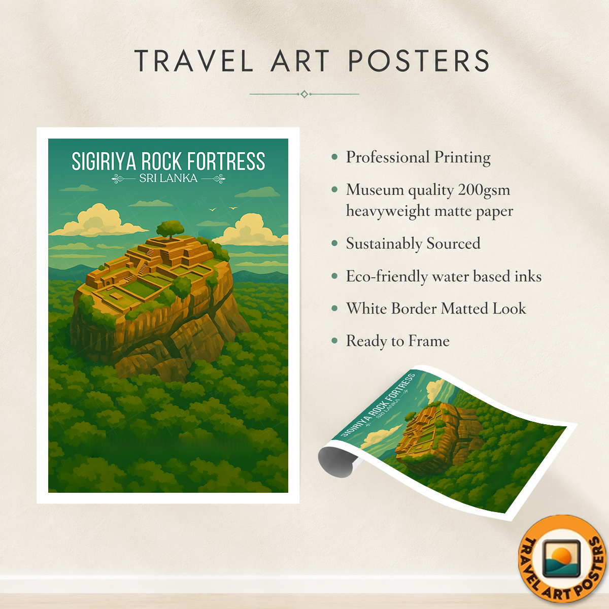Sigiriya Rock Fortress - Sri Lanka - Travel Poster Print Modern Style Wall Art - Art Print - Travel Art Poster