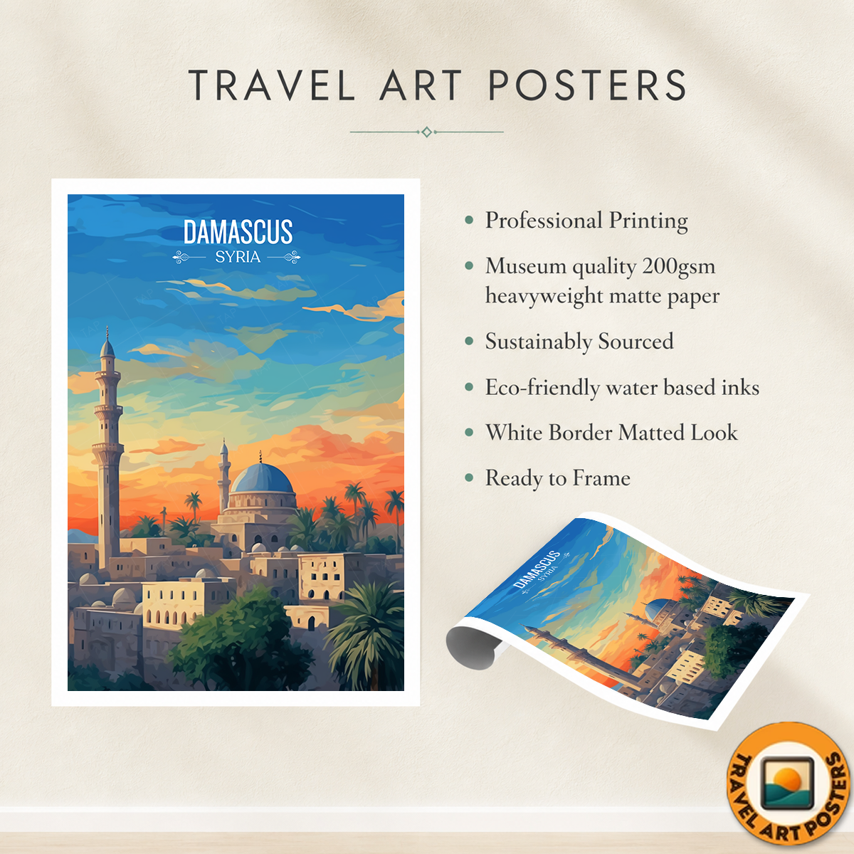 Damascus - Syria - Travel Poster Print Modern Style Wall Art
