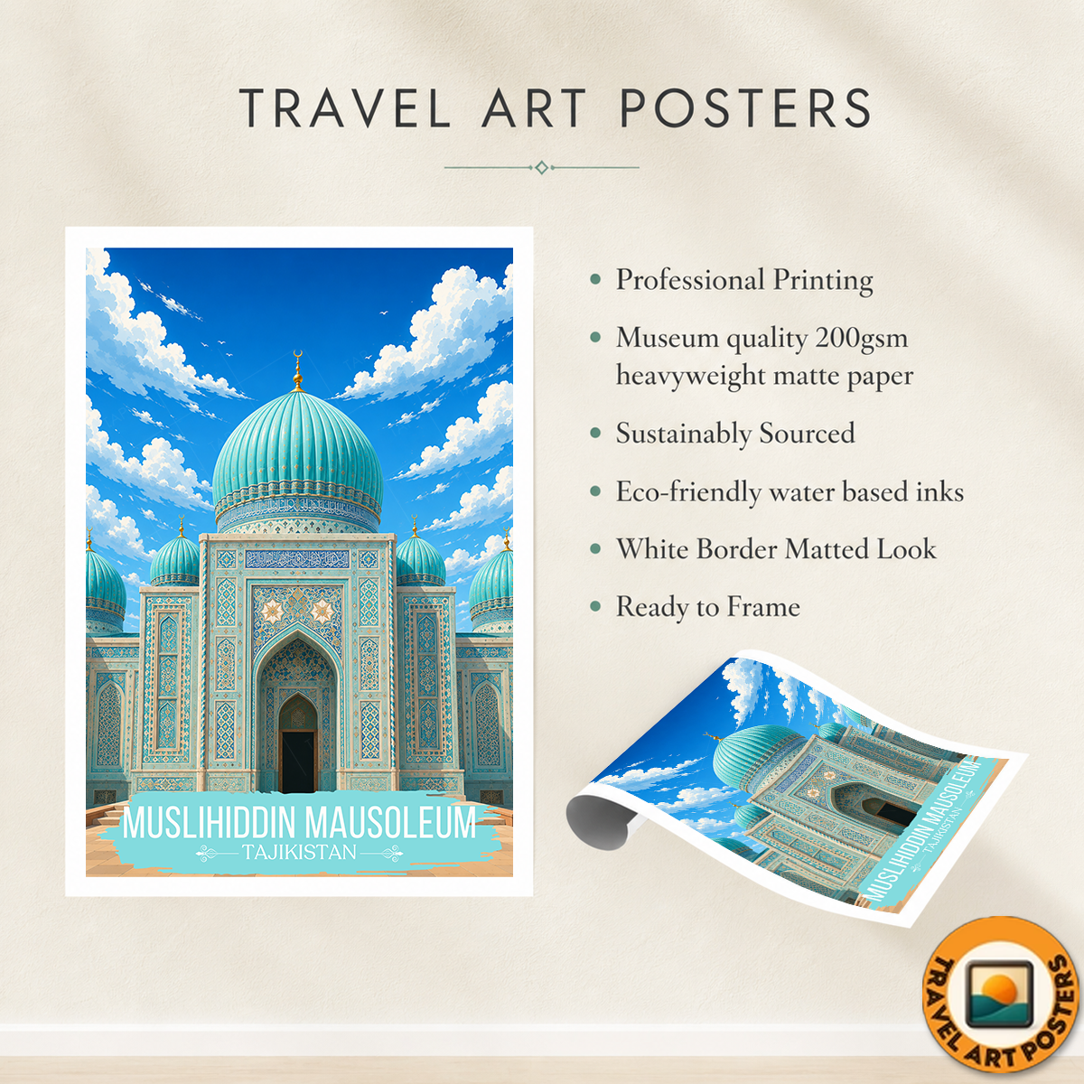 Muslihiddin Mausoleum - Tajikistan - Travel Poster Print Modern Style Wall Art
