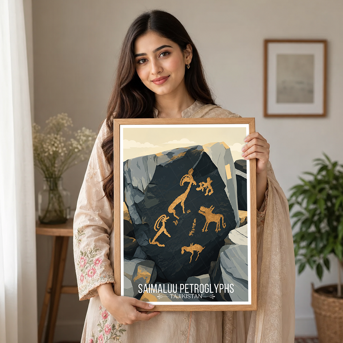 Saimaluu Petroglyphs - Tajikistan - Travel Poster Print Modern Style Wall Art