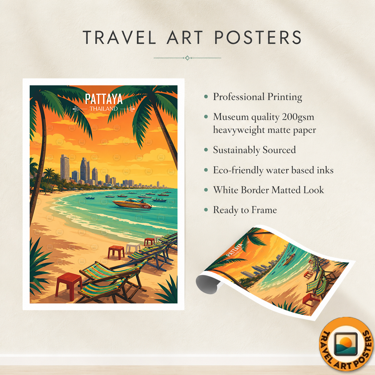 Pattaya - Thailand - Travel Poster Vintage Style Wall Art Print