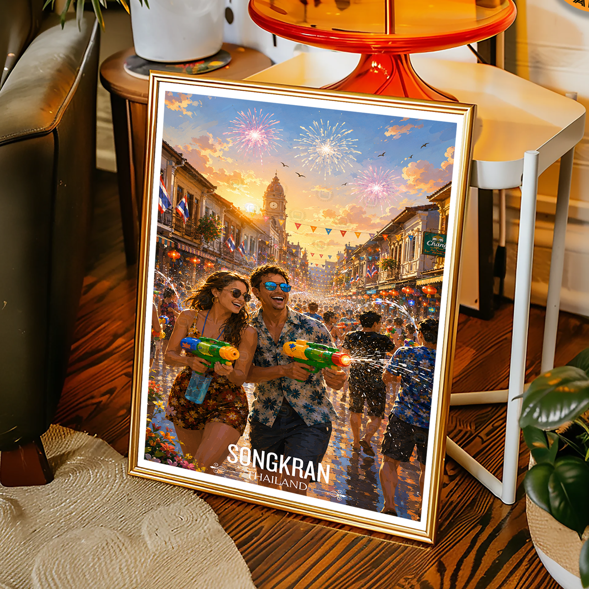 Songkran - Thailand - Travel Poster Vintage Style Wall Art Print