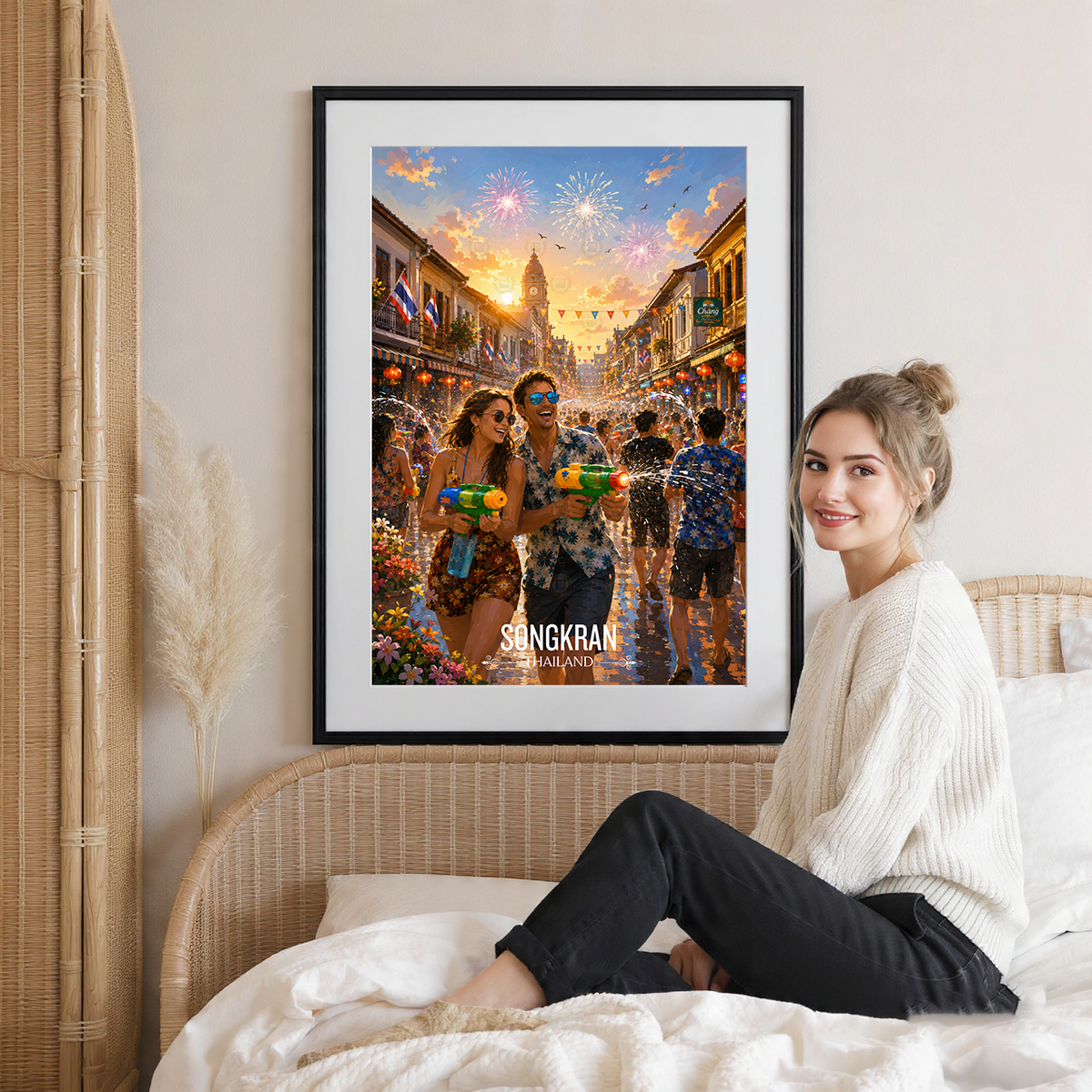 Songkran - Thailand - Travel Poster Vintage Style Wall Art Print
