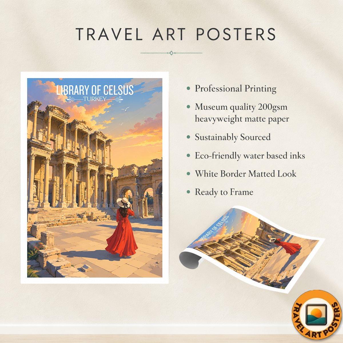Library of Celsus - Turkey - Vintage Travel Wall Art Poster Print