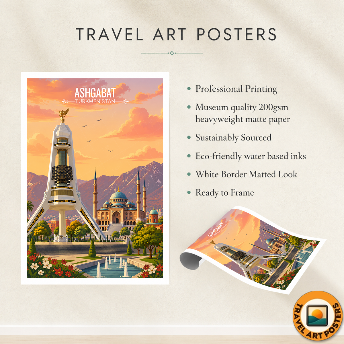 Ashgabat - Turkmenistan - Travel Poster Vintage Style Wall Art Print