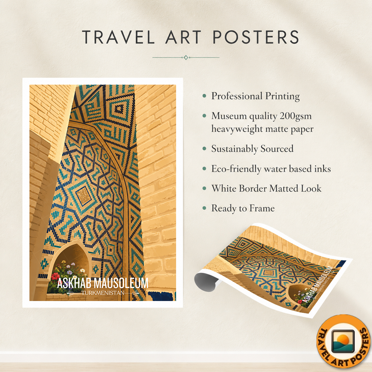 Askhab Masusoleum - Turkmenistan - Travel Poster Vintage Style Wall Art Print