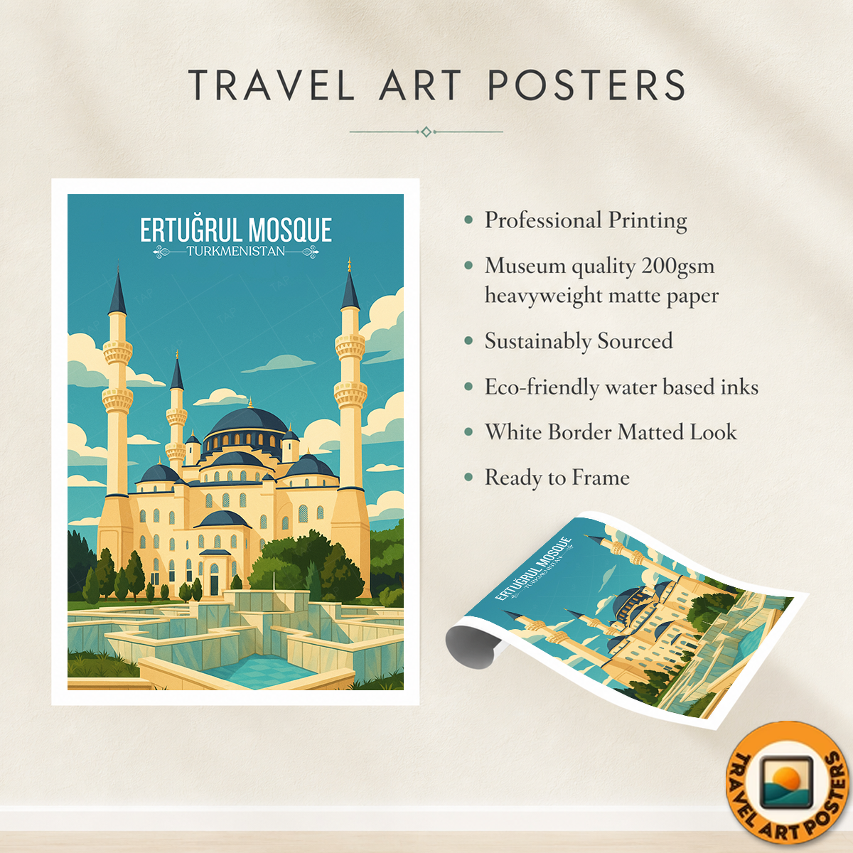 Ertugrul Mosque - Turkmenistan - Travel Poster Vintage Style Wall Art Print