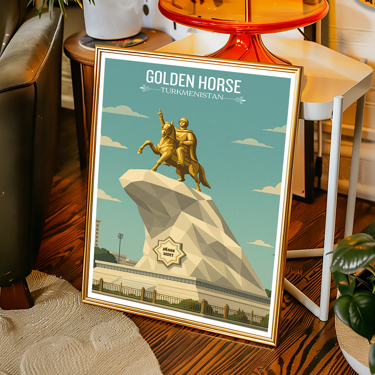 Golden Horse - Turkmenistan - Travel Poster Vintage Style Wall Art Print