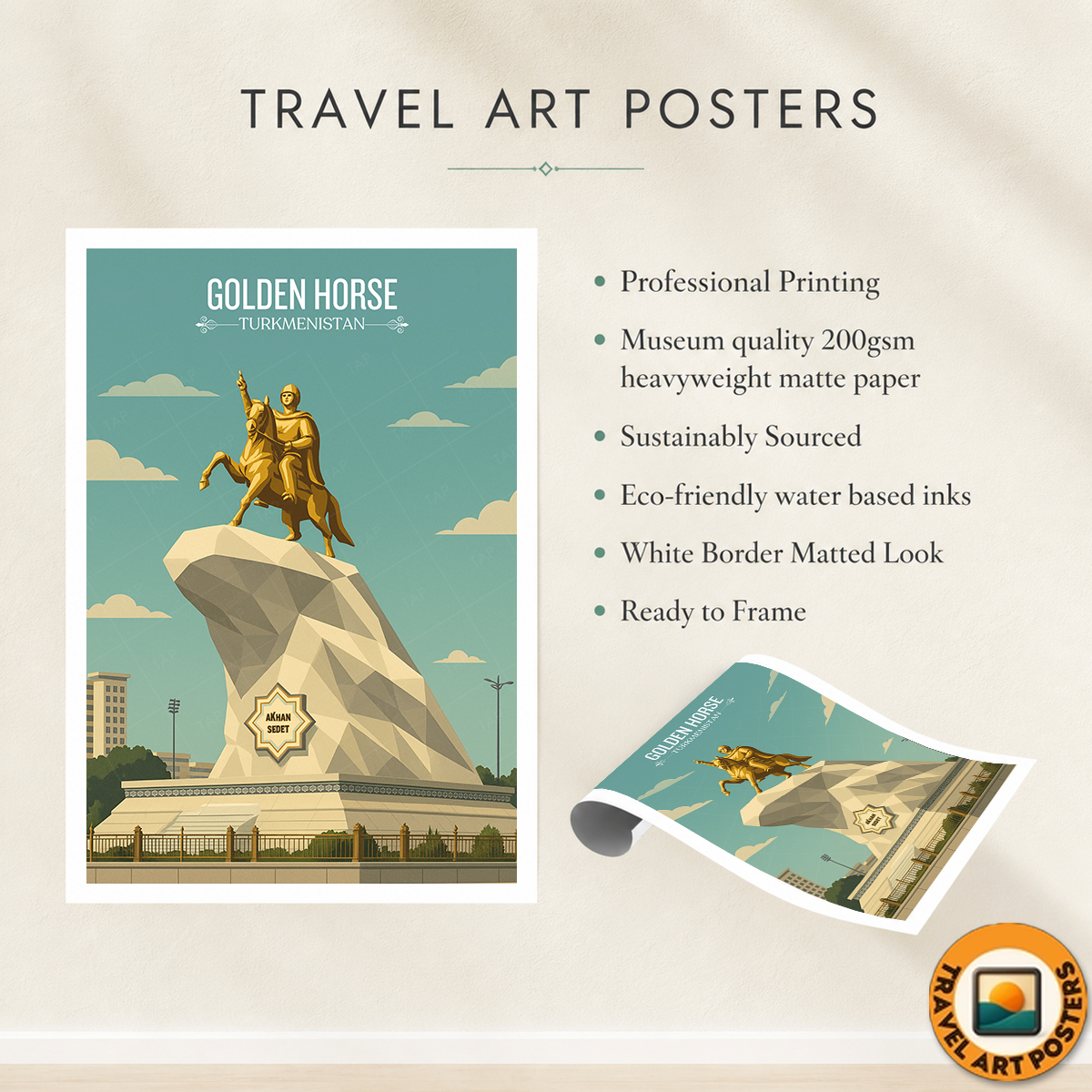 Golden Horse - Turkmenistan - Travel Poster Vintage Style Wall Art Print