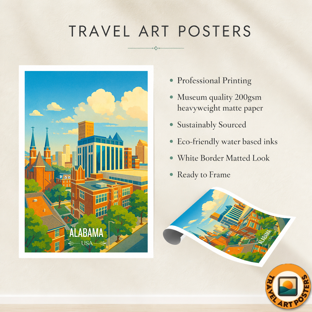 Alabama USA - Travel Wall Art Deco Poster Print