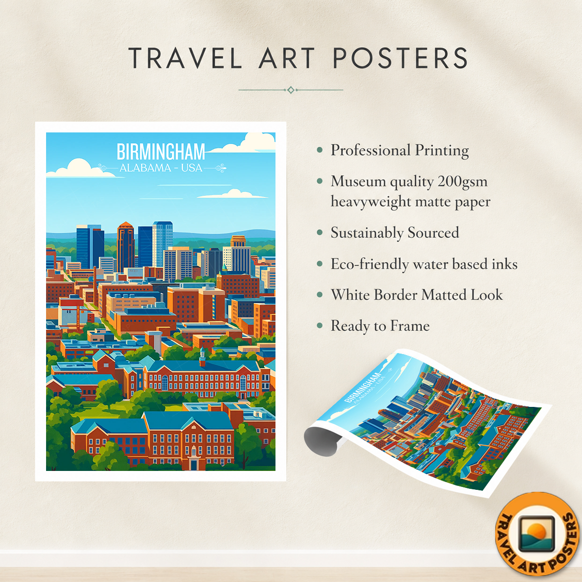 Birmingham - Alabama USA - Travel Wall Art Deco Poster Print