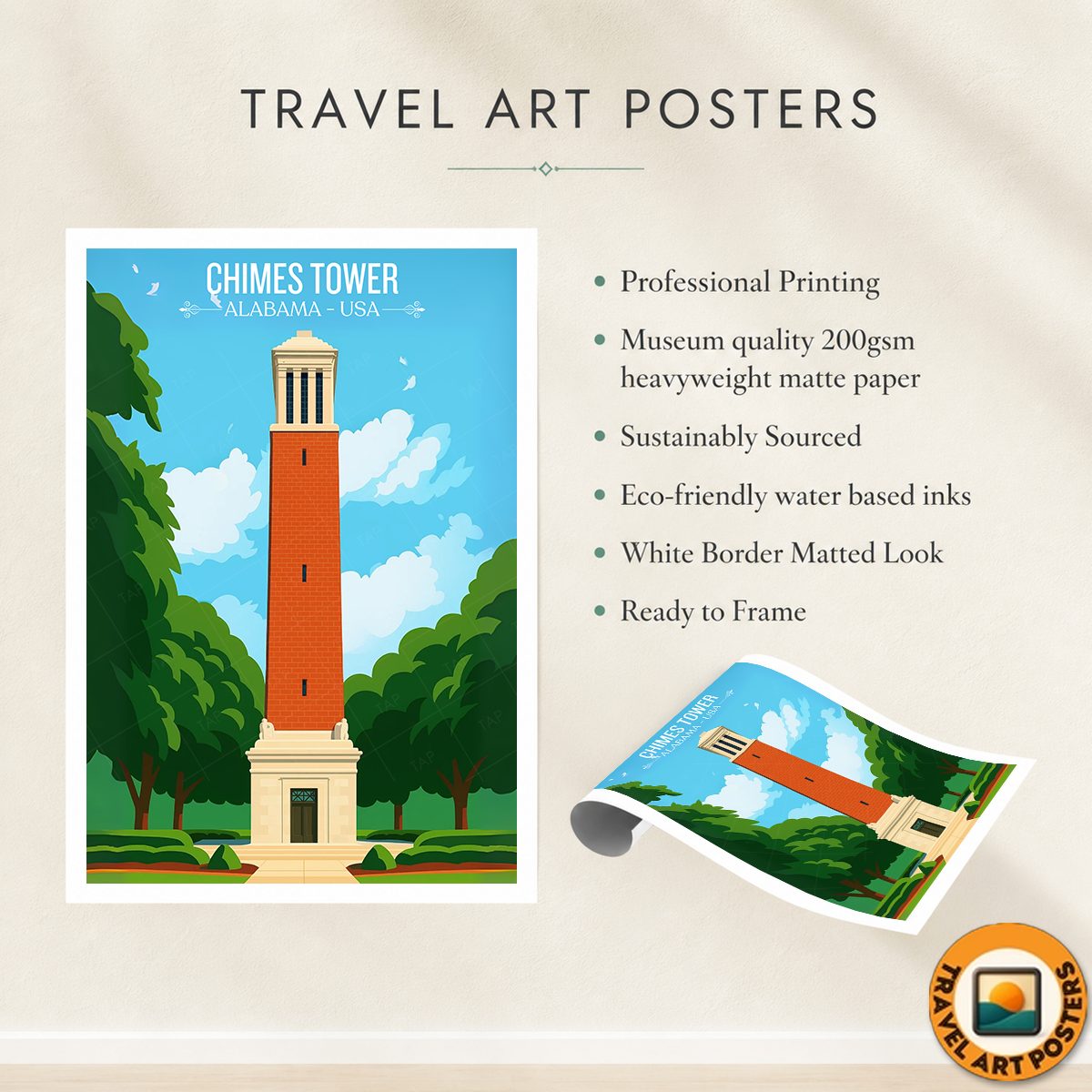 Chimes Tower - Alabama USA - Travel Wall Art Deco Poster Print