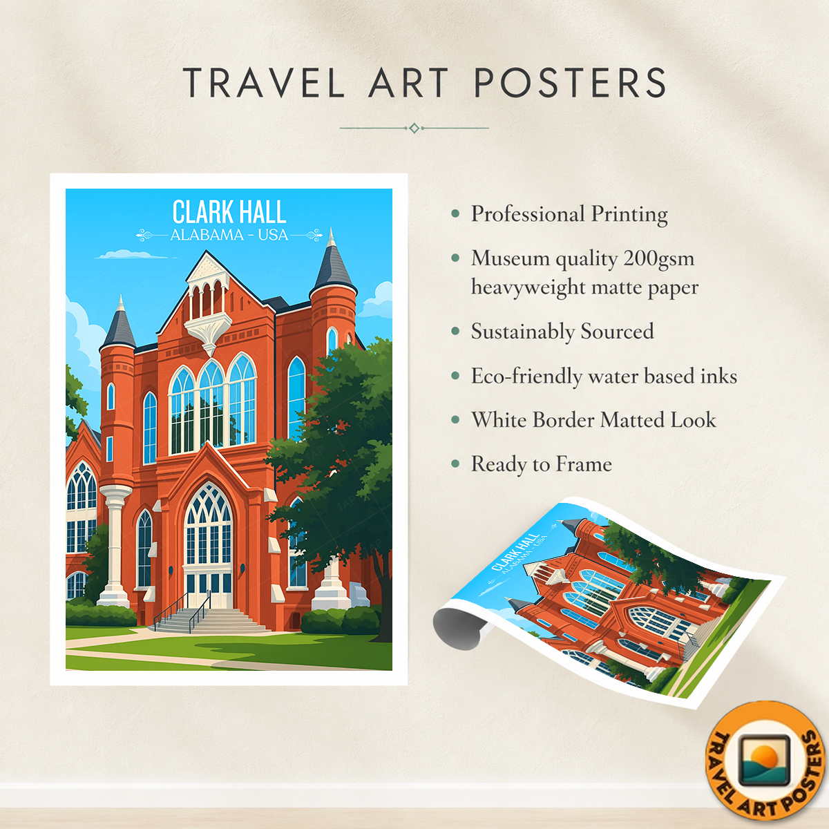 Clark Hall - Alabama USA - Travel Wall Art Deco Poster Print