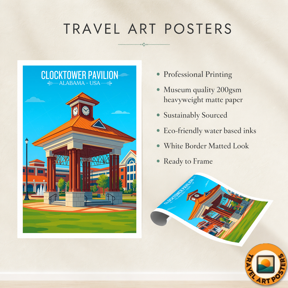 Clock Tower Pavilion - Alabama USA - Travel Wall Art Deco Poster Print