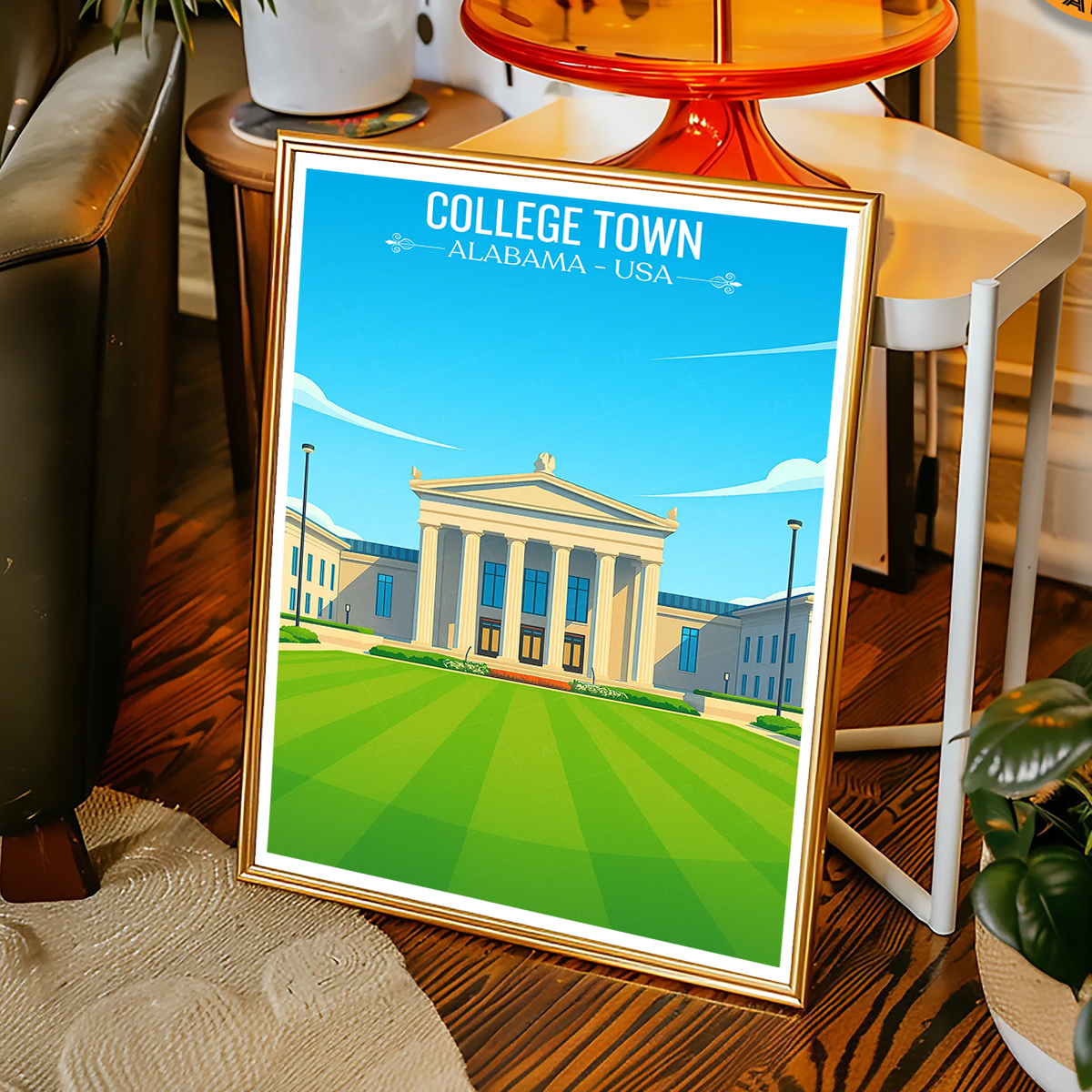 College Town - Alabama USA - Travel Wall Art Deco Poster Print