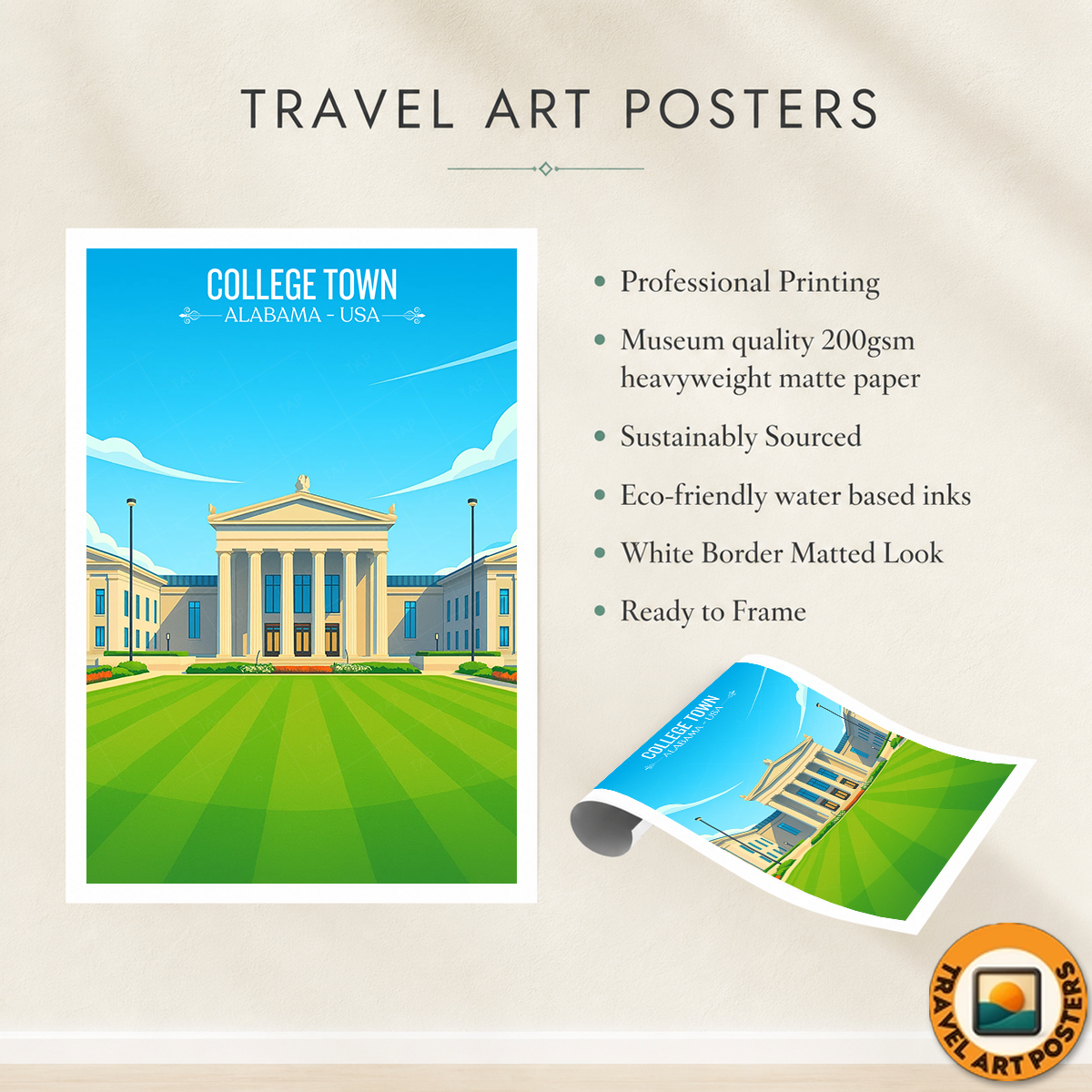 College Town - Alabama USA - Travel Wall Art Deco Poster Print