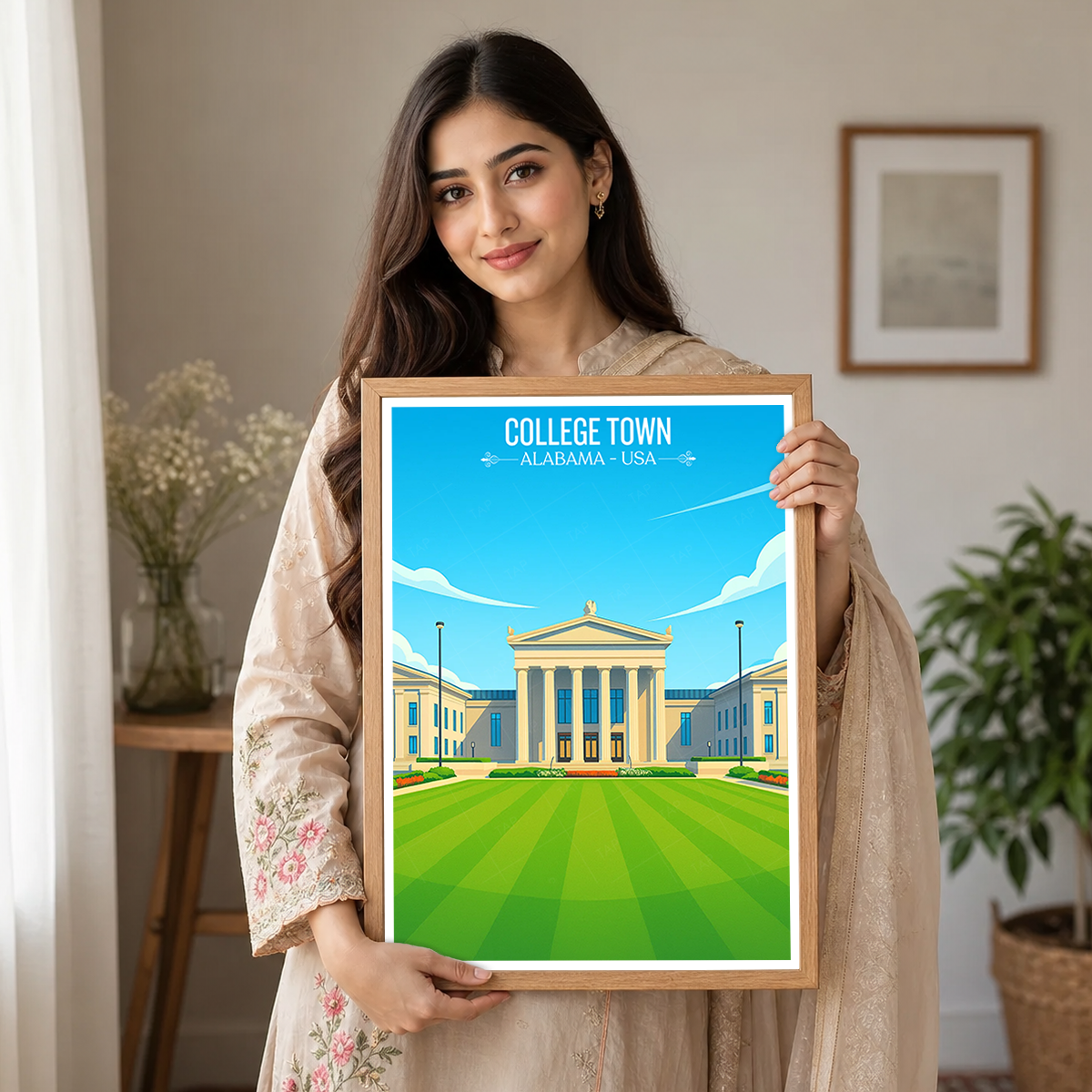 College Town - Alabama USA - Travel Wall Art Deco Poster Print