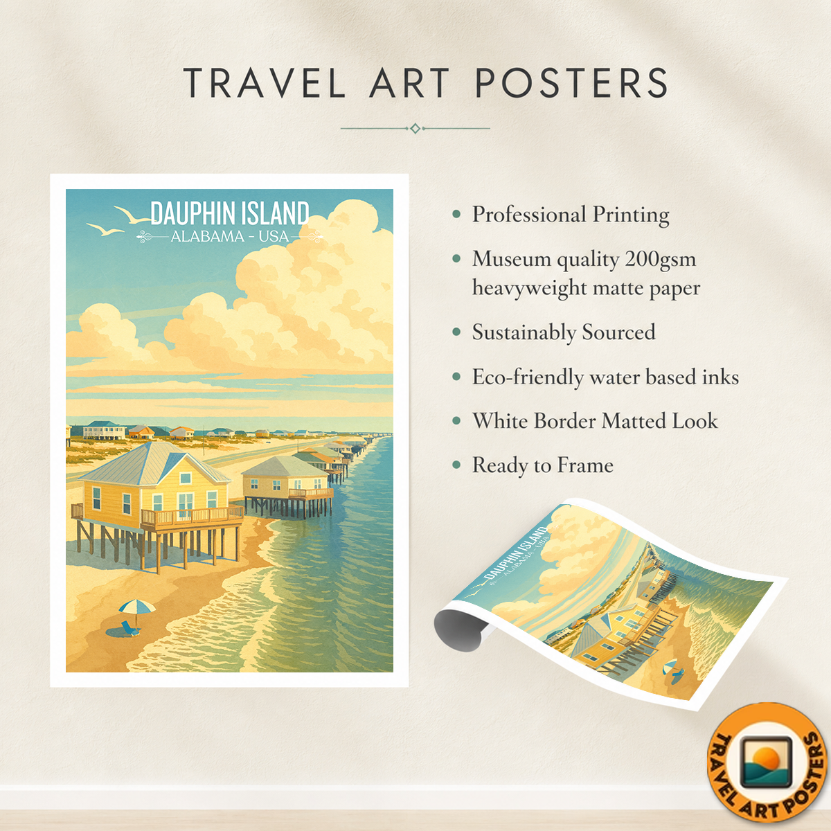 Dauphin Island - Alabama USA - Travel Wall Art Deco Poster Print