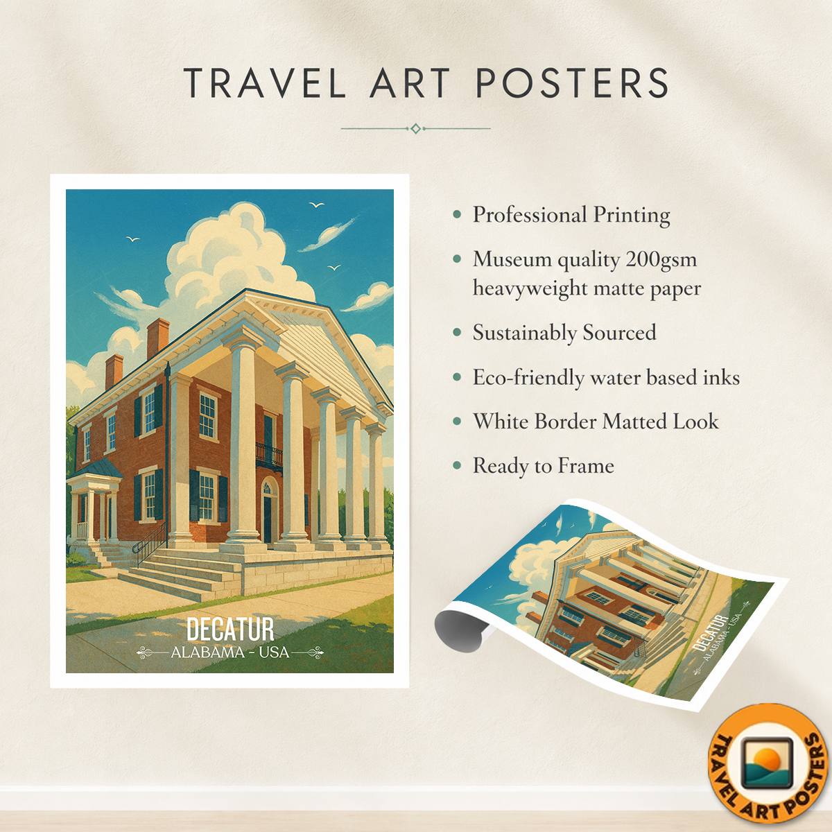 Decatur - Alabama USA - Travel Wall Art Deco Poster Print