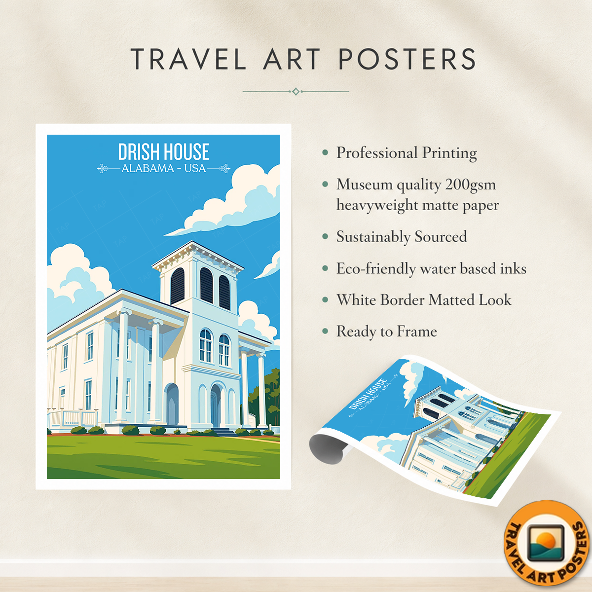 Drish House - Alabama USA - Travel Wall Art Deco Poster Print