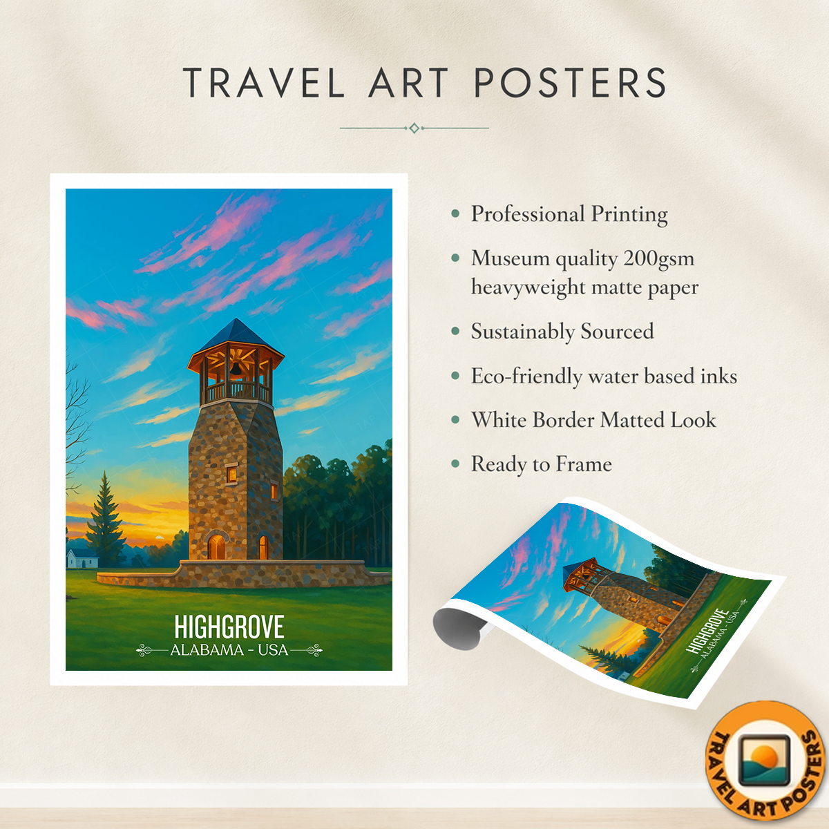 High Grove - Alabama USA - Travel Wall Art Deco Poster Print