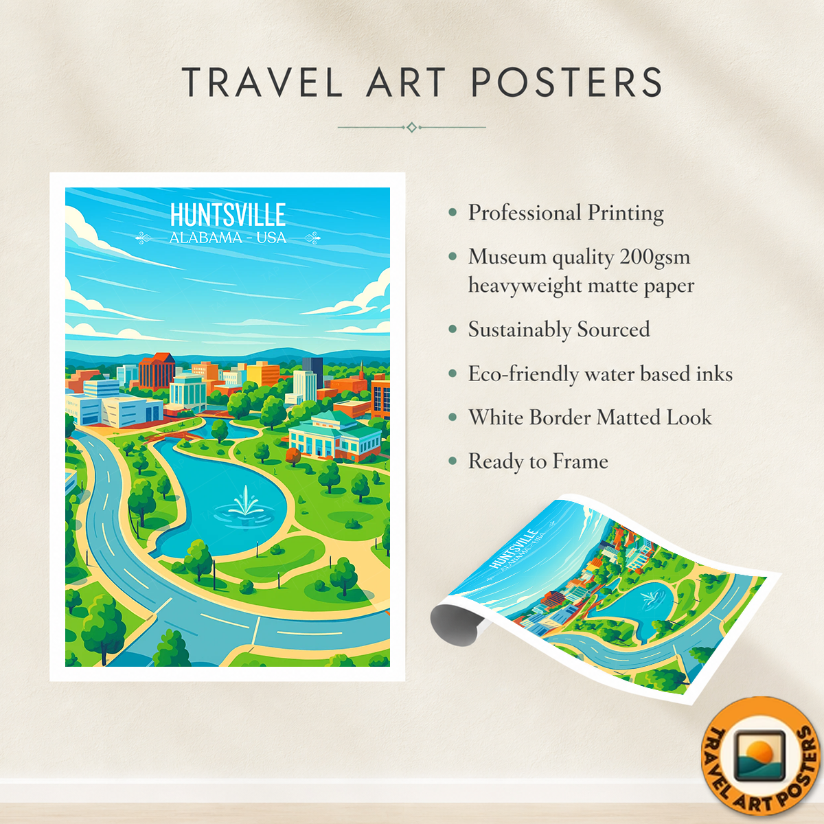 Huntsville - Alabama USA - Travel Wall Art Deco Poster Print