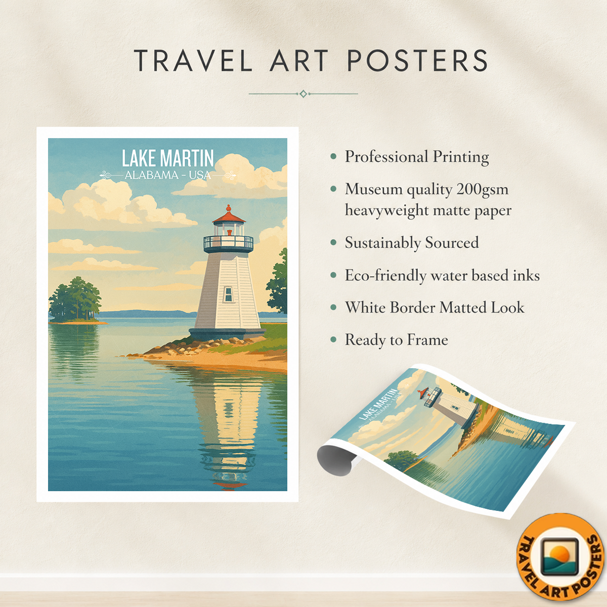Lake Martin - Alabama USA - Travel Wall Art Deco Poster Print
