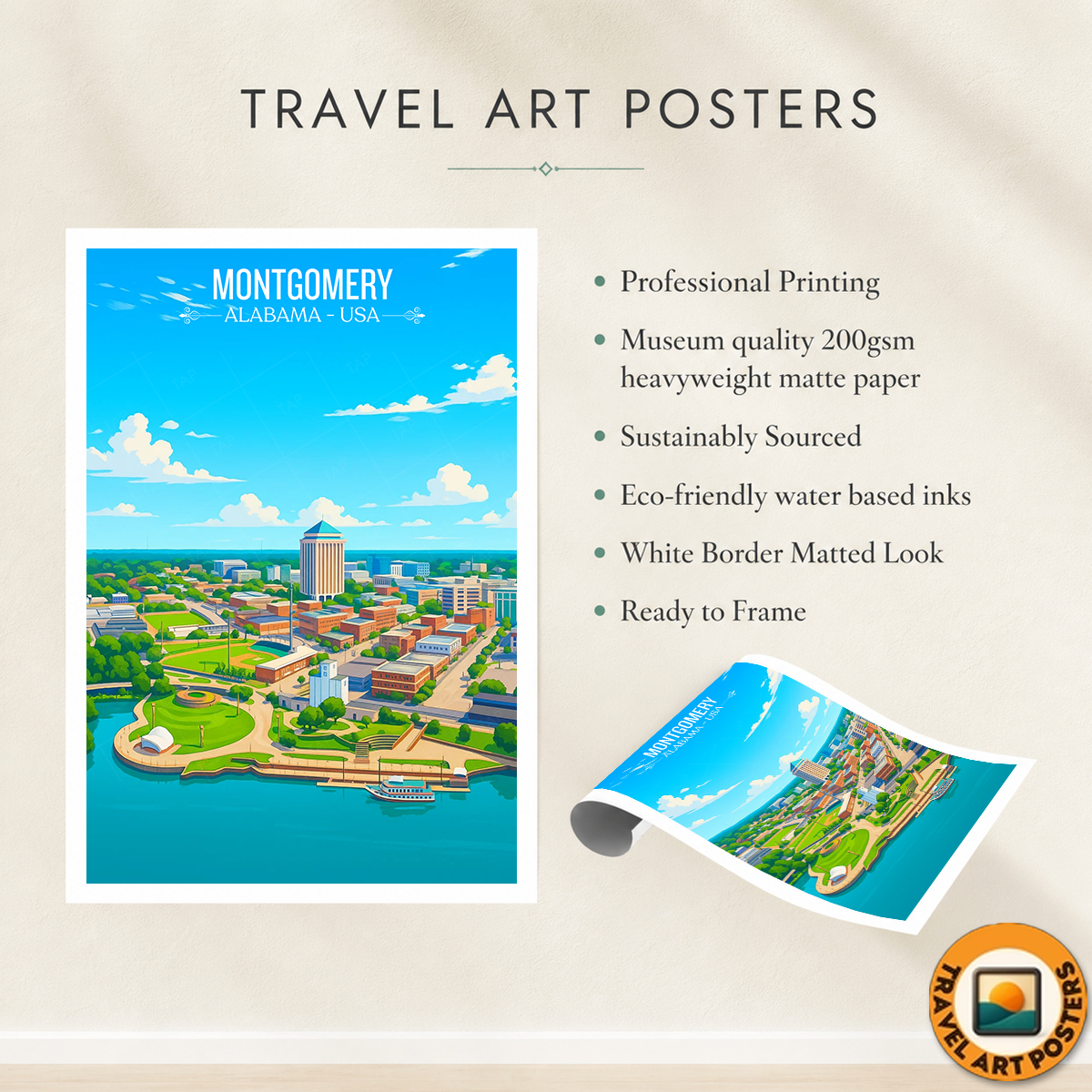 Montgomery - Alabama USA - Travel Wall Art Deco Poster Print