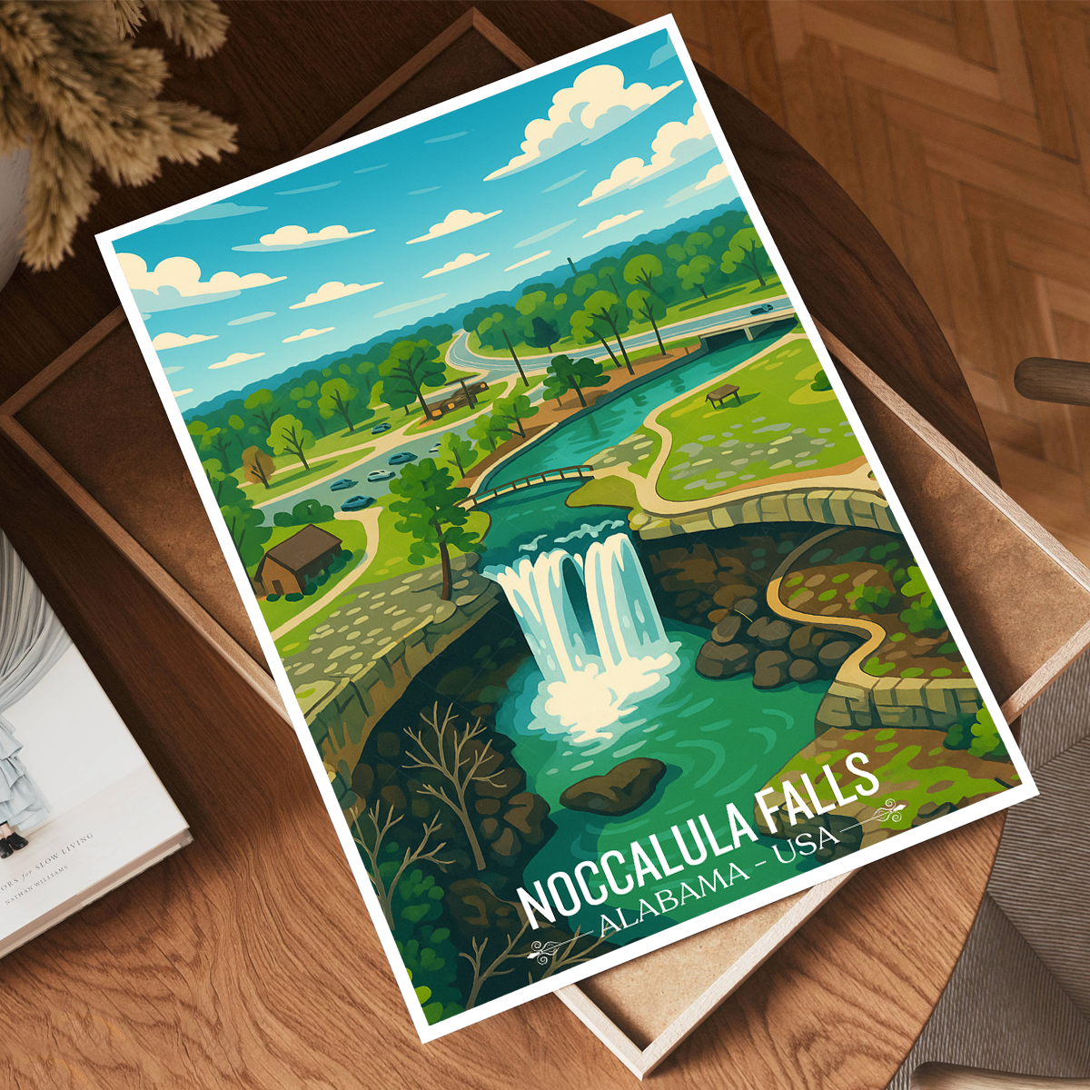 Noccalula Falls - Alabama USA - Travel Wall Art Deco Poster Print