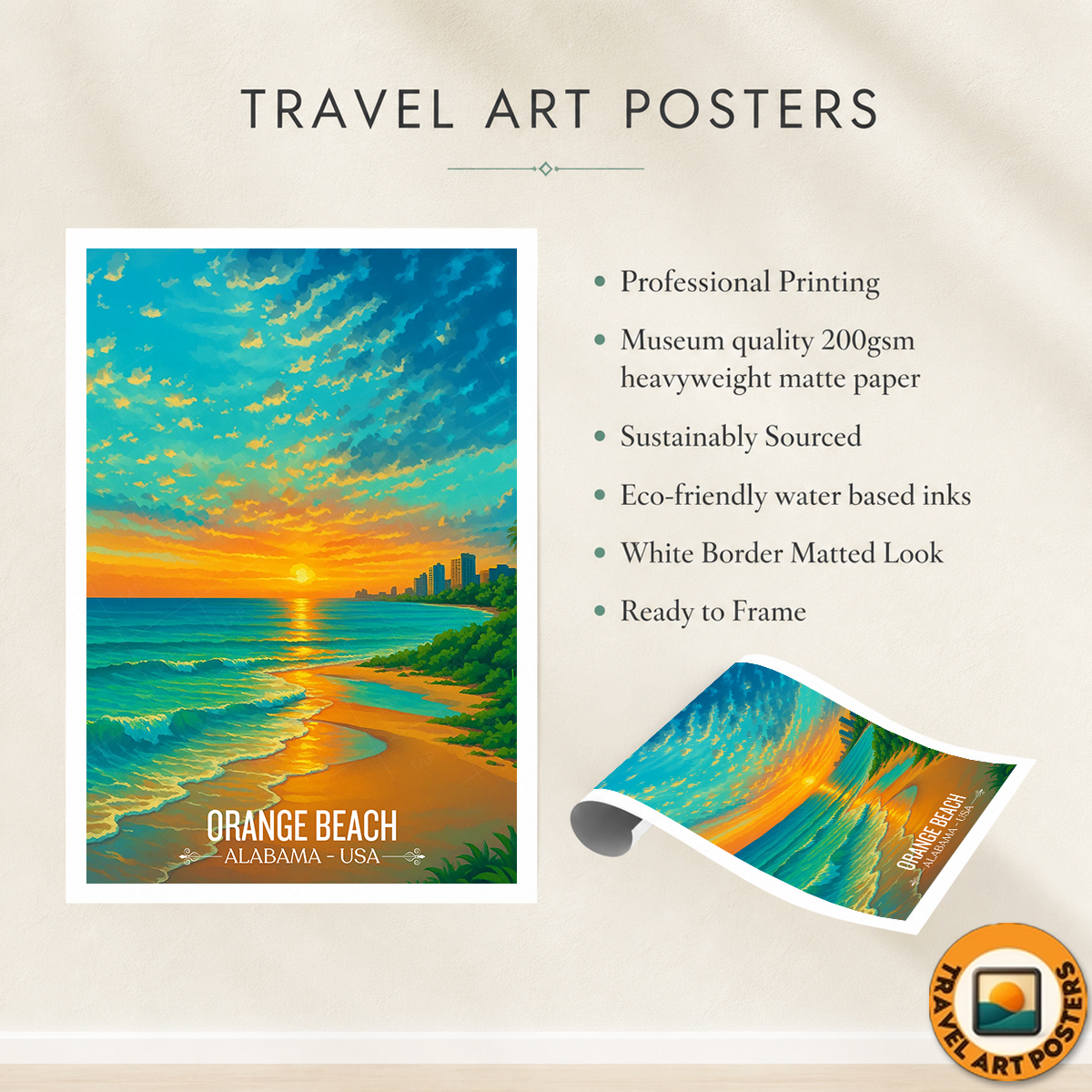 Orange Beach - Alabama USA - Travel Wall Art Deco Poster Print