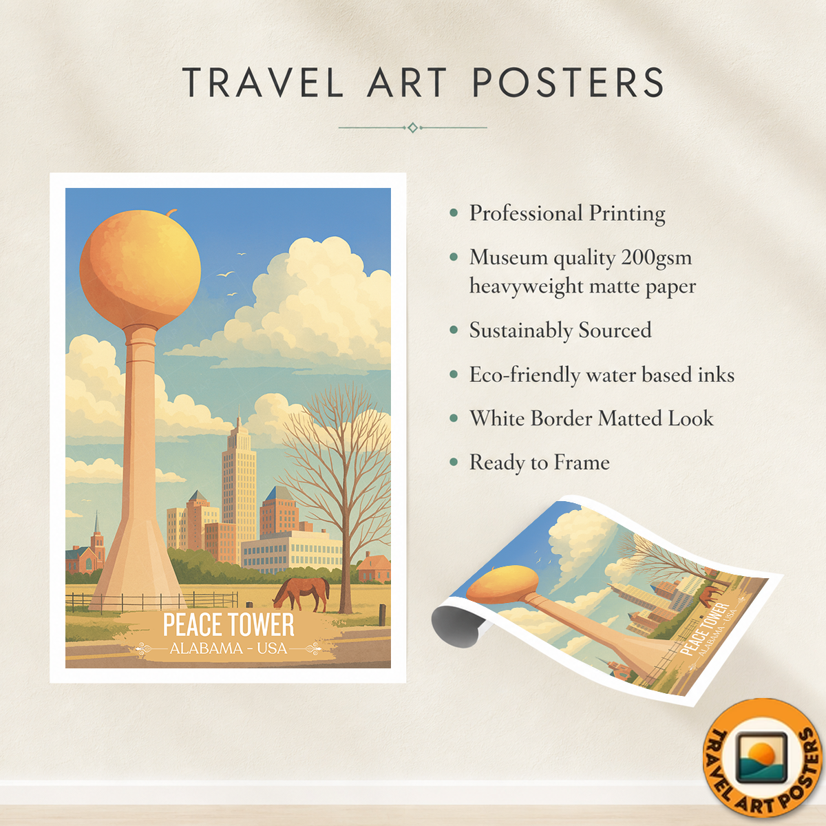 Peace Tower - Alabama USA - Travel Wall Art Deco Poster Print