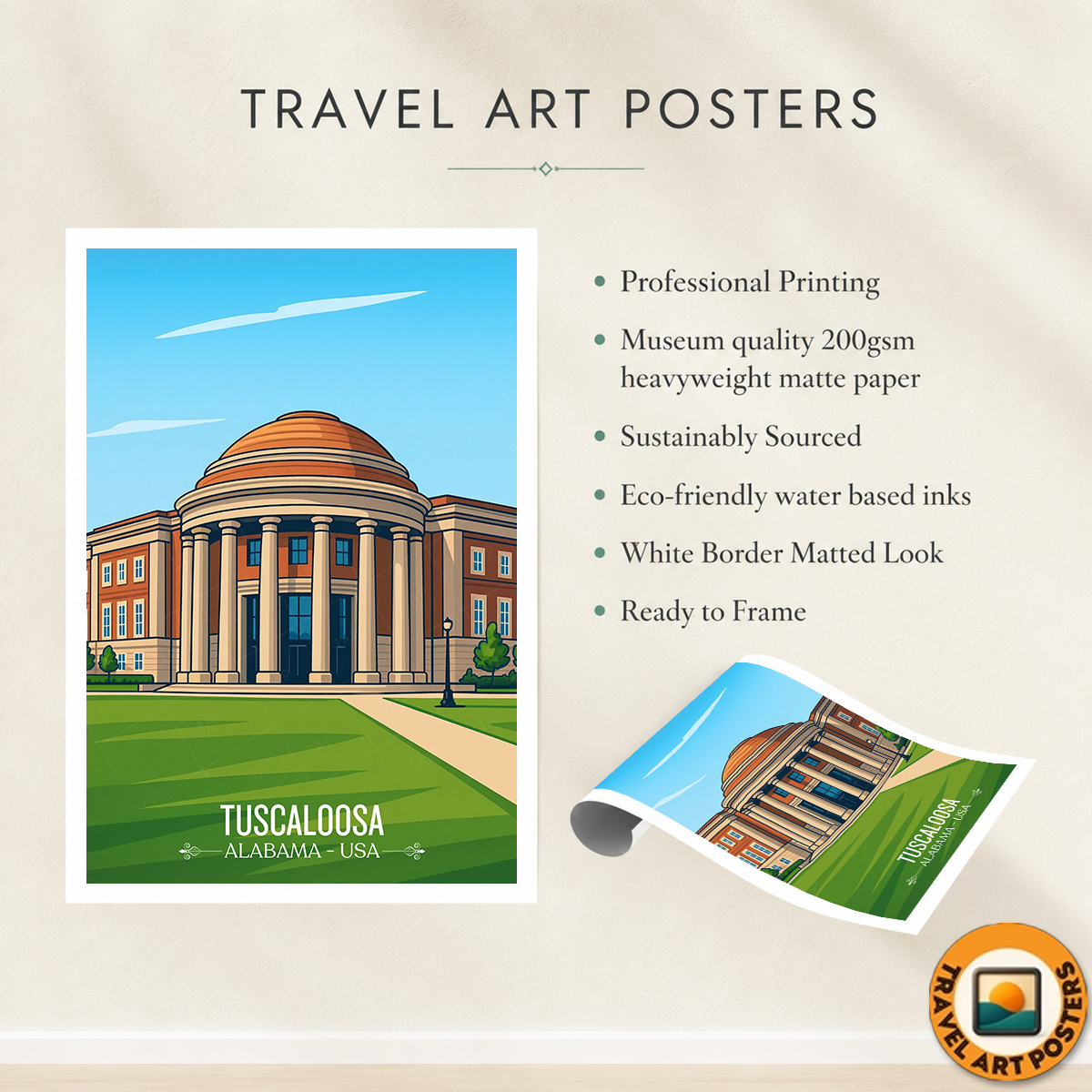 Tuscaloosa - Alabama USA - Travel Wall Art Deco Poster Print