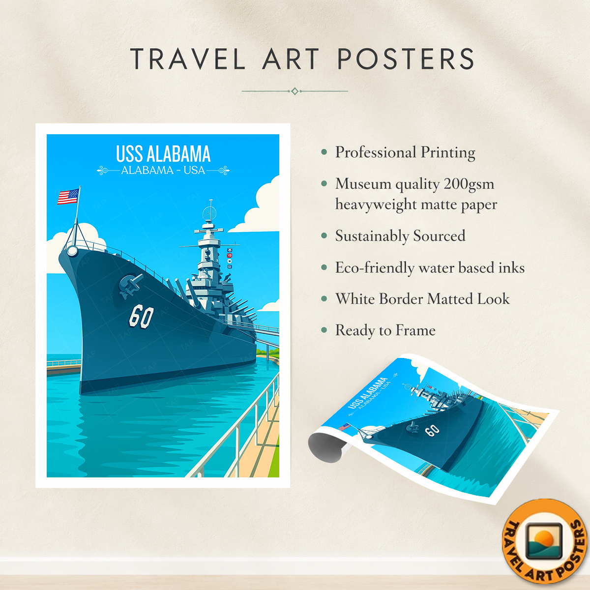 USS Alabama - Alabama USA - Travel Wall Art Deco Poster Print