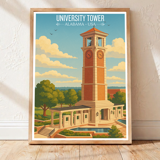 University Tower - Alabama USA - Travel Wall Art Deco Poster Print - Art Print - Travel Art Poster