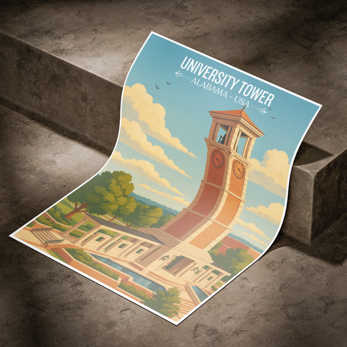 University Tower - Alabama USA - Travel Wall Art Deco Poster Print
