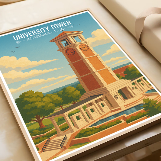 University Tower - Alabama USA - Travel Wall Art Deco Poster Print - Art Print - Travel Art Poster