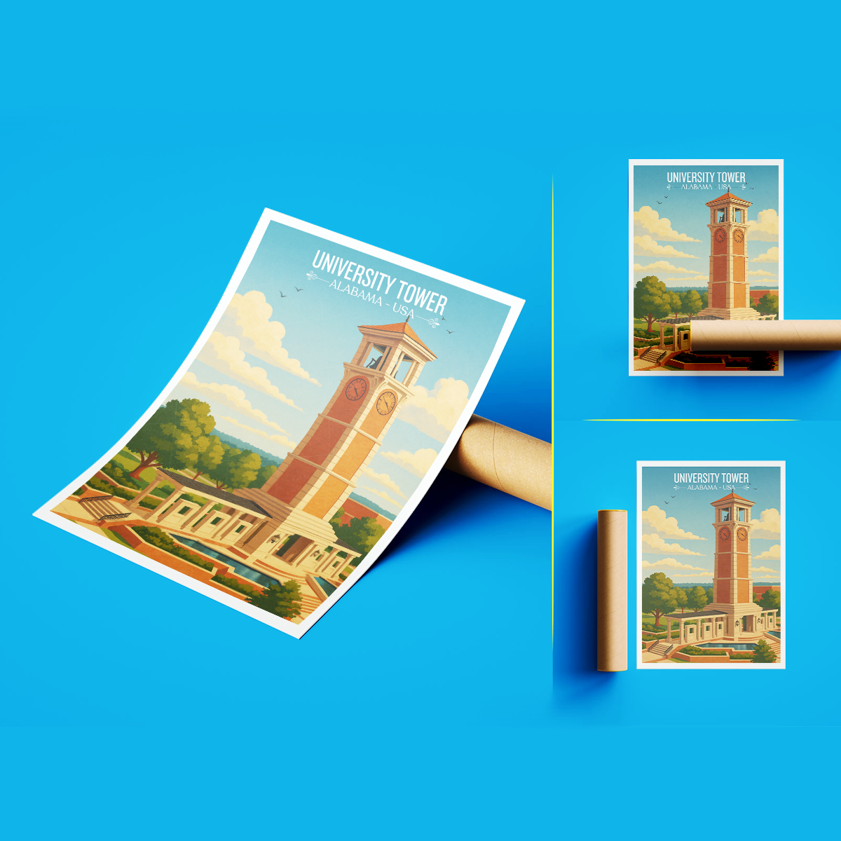 University Tower - Alabama USA - Travel Wall Art Deco Poster Print