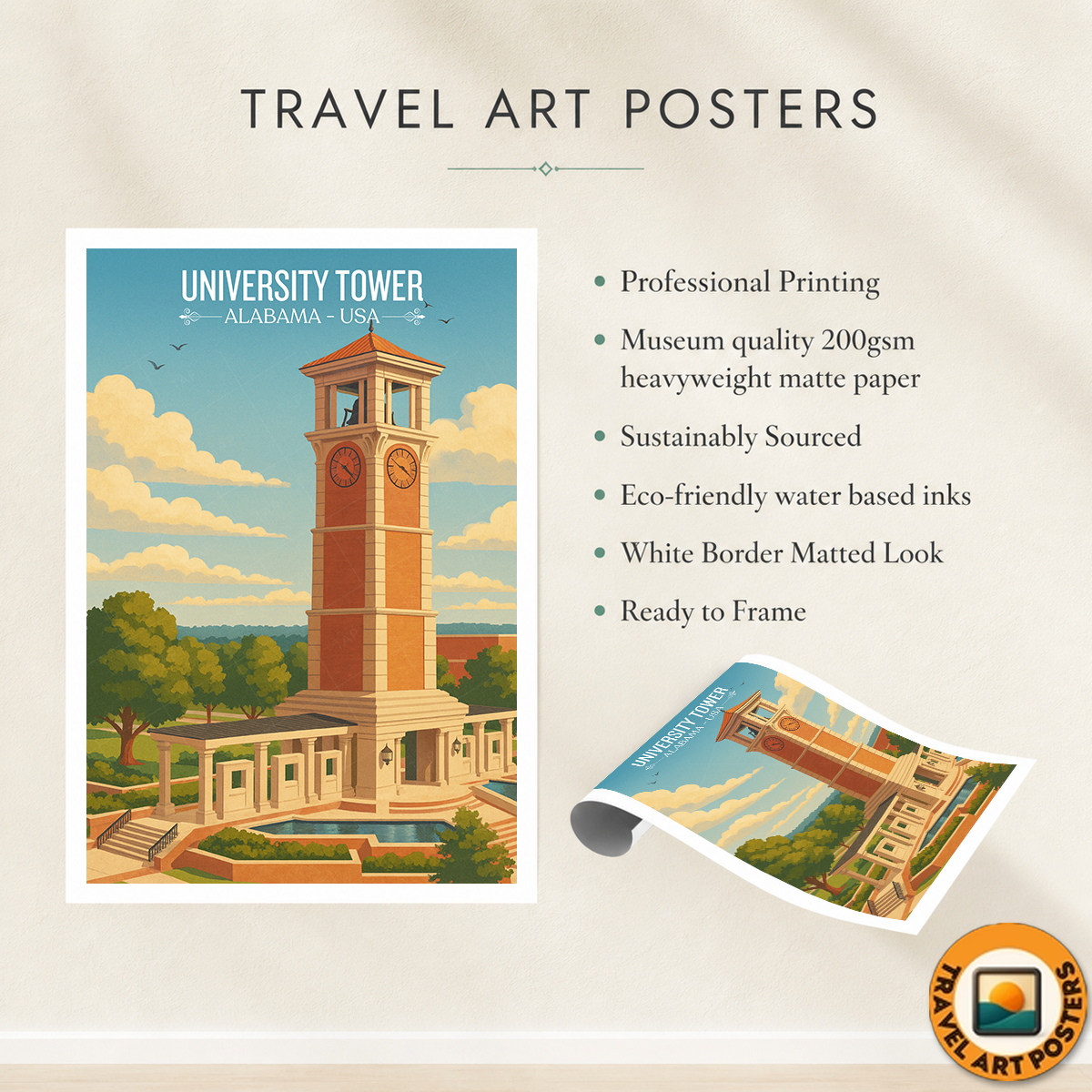 University Tower - Alabama USA - Travel Wall Art Deco Poster Print