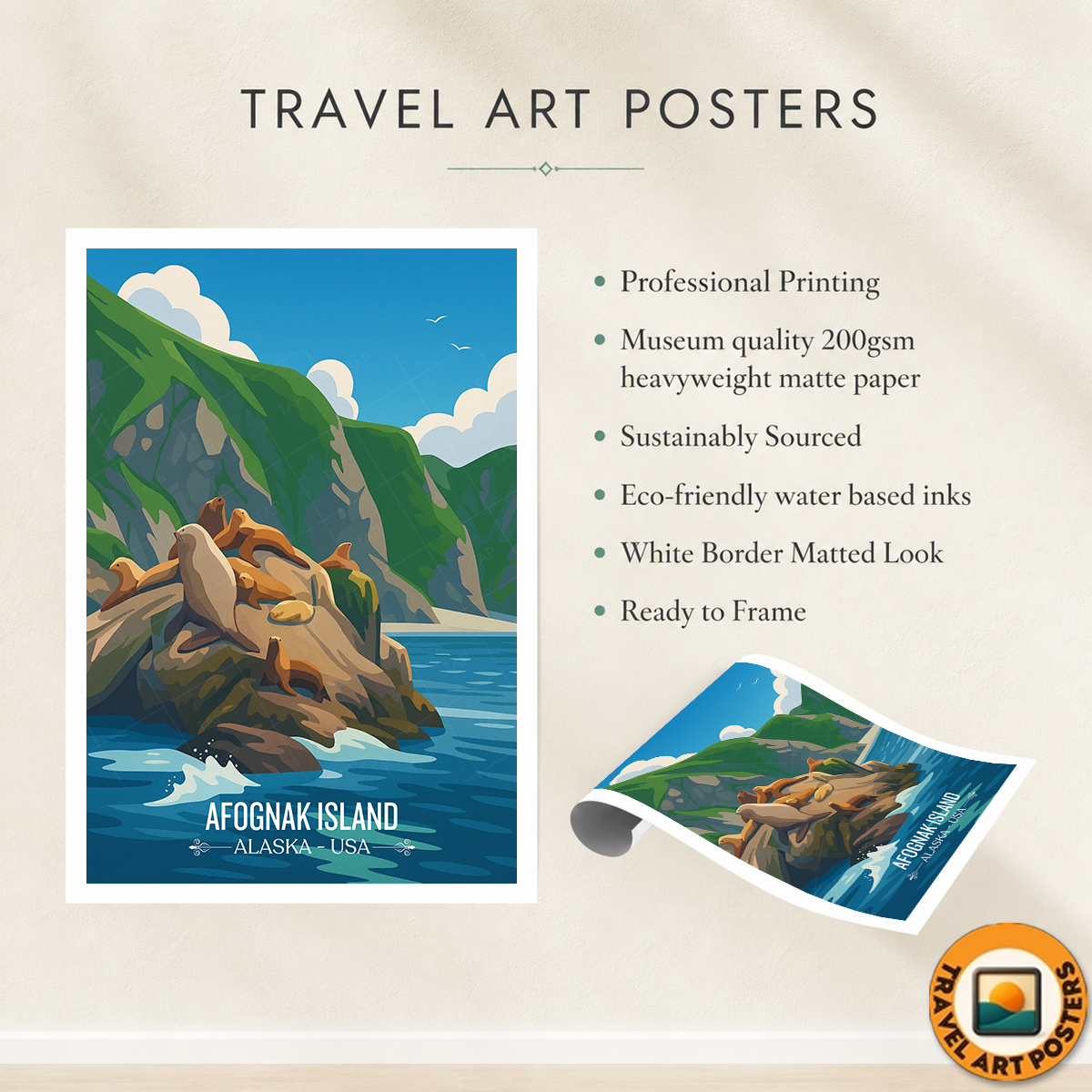 Afognak Island - Alaska - Travel Poster Print Modern Style Wall Art