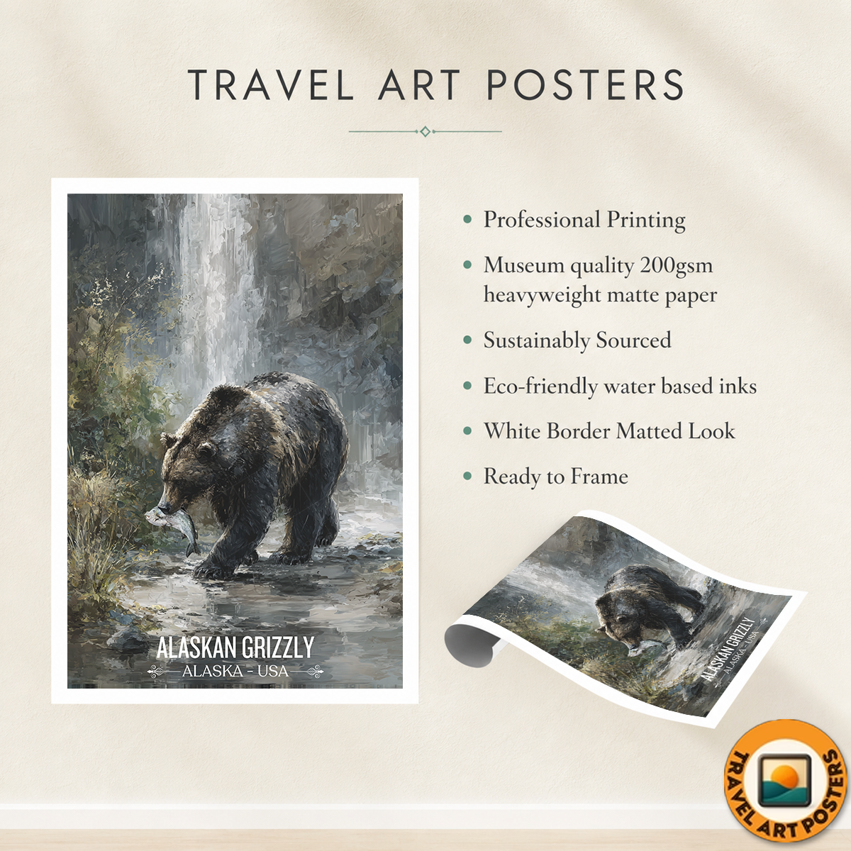 Alaskan Grizzly - Alaska - Travel Poster Print Modern Style Wall Art