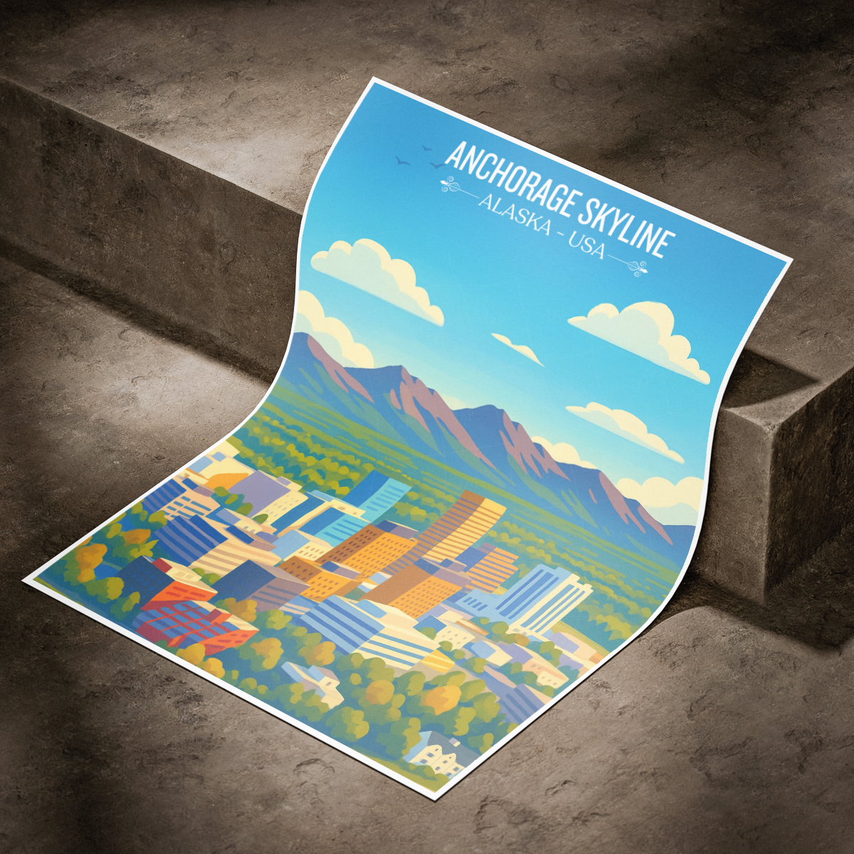 Anchorage Skyline - Alaska - Travel Poster Print Modern Style Wall Art