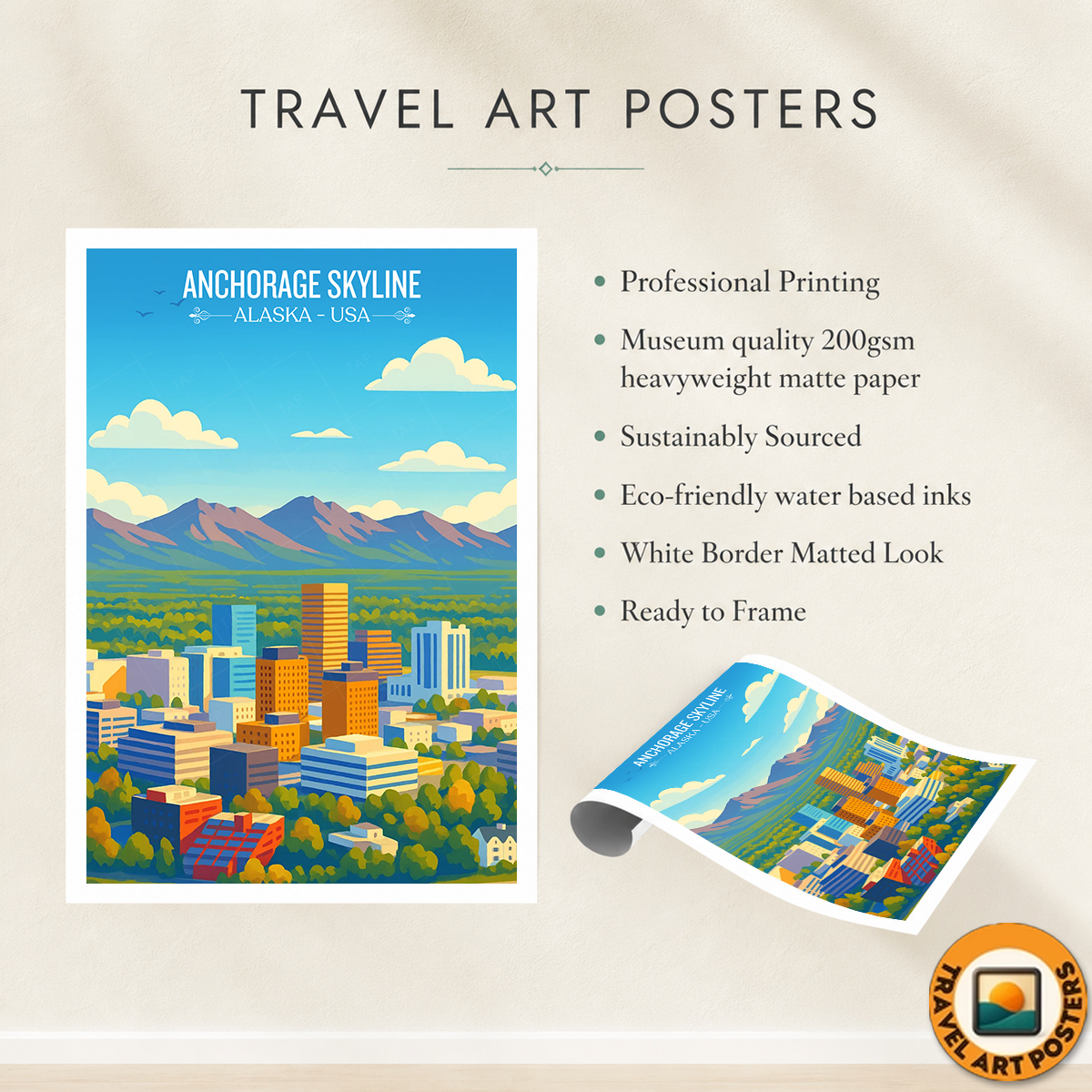 Anchorage Skyline - Alaska - Travel Poster Print Modern Style Wall Art