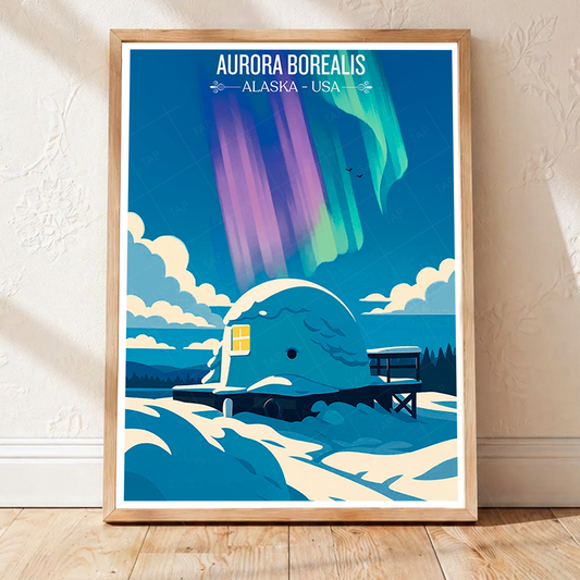Aurora Borealis - Alaska - Travel Poster Print Modern Style Wall Art - Art Print - Travel Art Poster